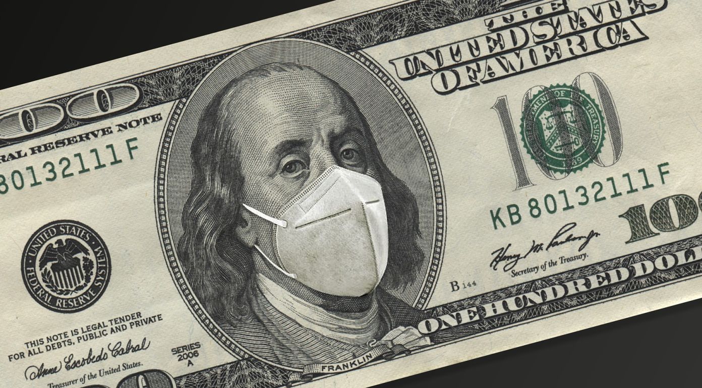 Geld US-Dollar Maska Covid-19 Coronavirus Hilfskredit Geldschein