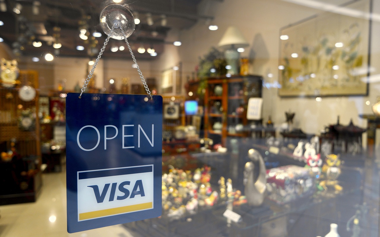 Visa, Kreditkarte, Laden, Einkaufsgeschäft, Offen-Schild